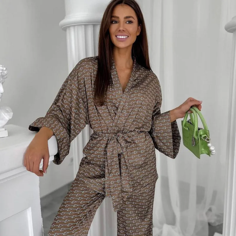 Zen Charm Belted Kimono Top & Wide Leg Loungewear Set Castello Clothing Line