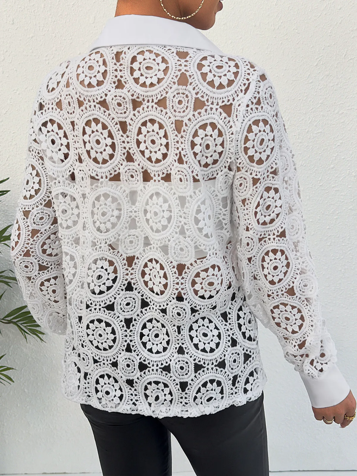 Captivate Sheer Lace Long Sleeve Button-Up Blouse Castello Clothing Line