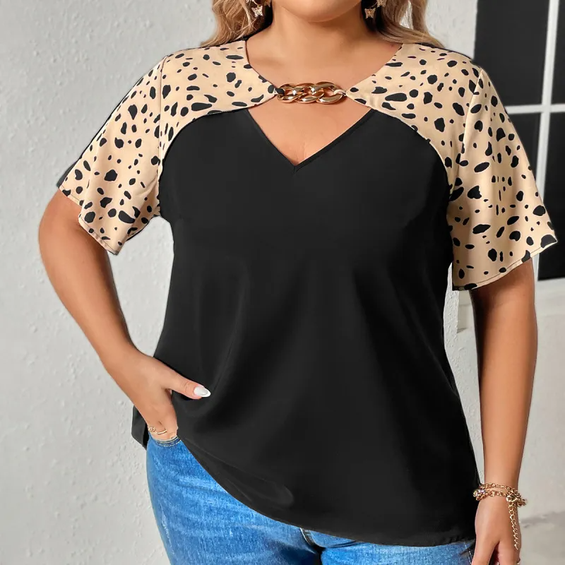 Wild Aura Plus Size V-Neck Animal Print Short Sleeve Top Castello Clothing Line