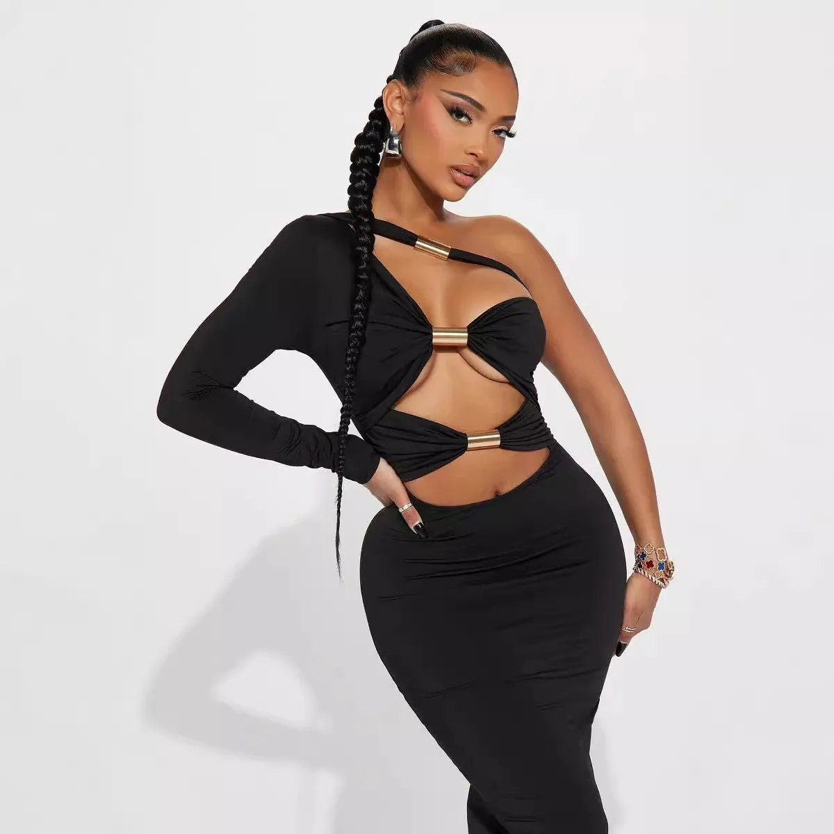 Rena Cutout One-Sleeve Metal Accent Midi Dress midi dress Castello Clothing Line