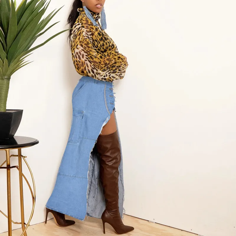 Edge Play Button-Up Slit Denim Skirt Castello Clothing Line