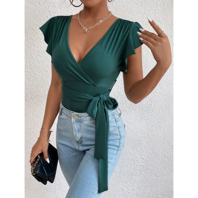 Flutter Charm Short Ruffle Sleeve Backless Bodysuit Castello Clothing Line
