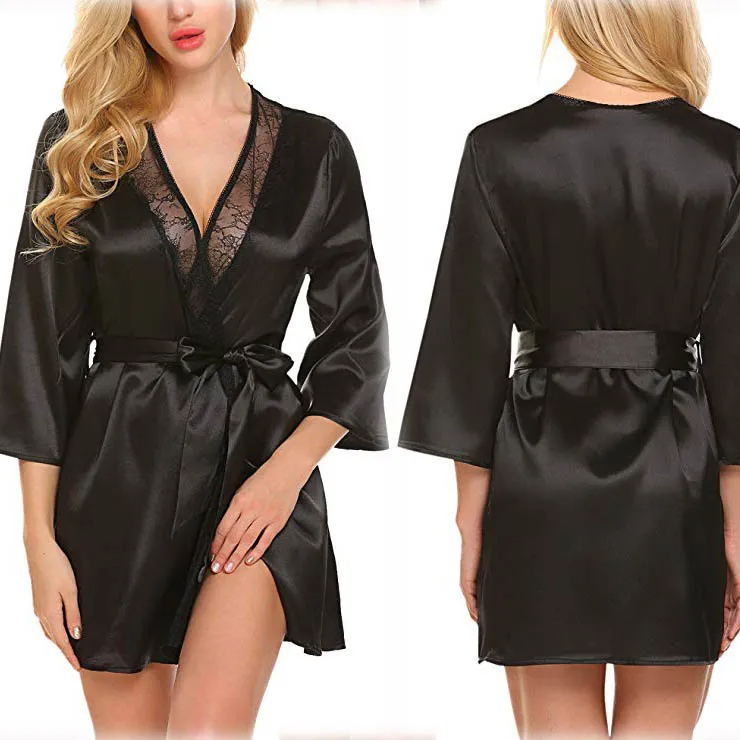 Ruby Glow Lace-Trim Satin Wrap Robe Castello Clothing Line
