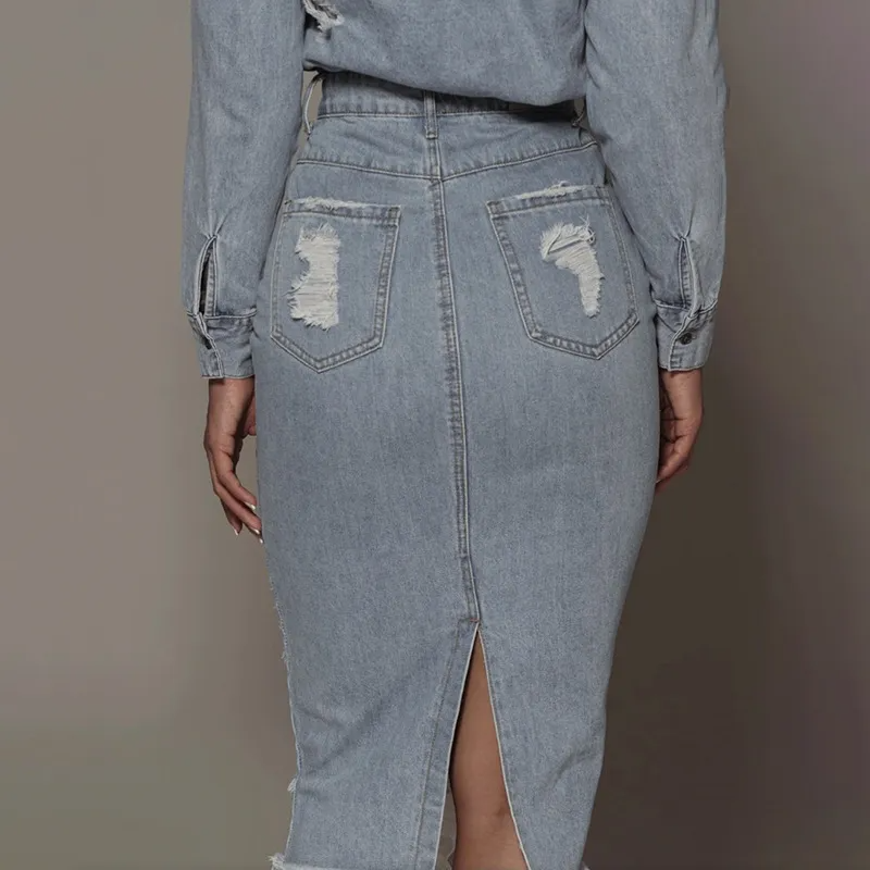 Torn to Perfection Distressed Denim Midi Skirt Castello Clothing Line
