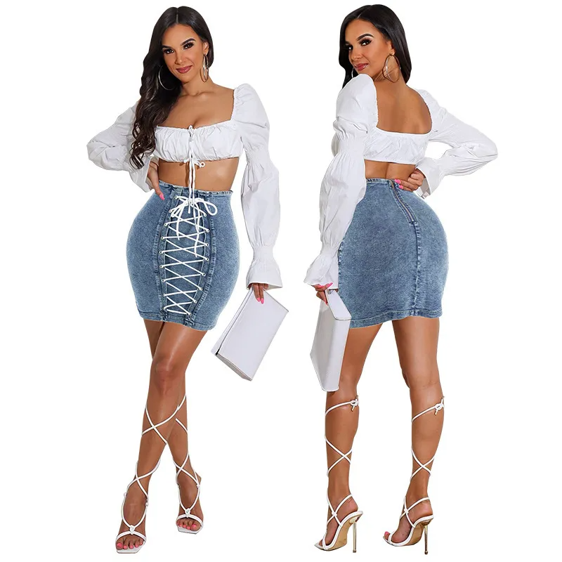 All Laced Up High-Waist Denim Bodycon Skirt Castello Clothing Line