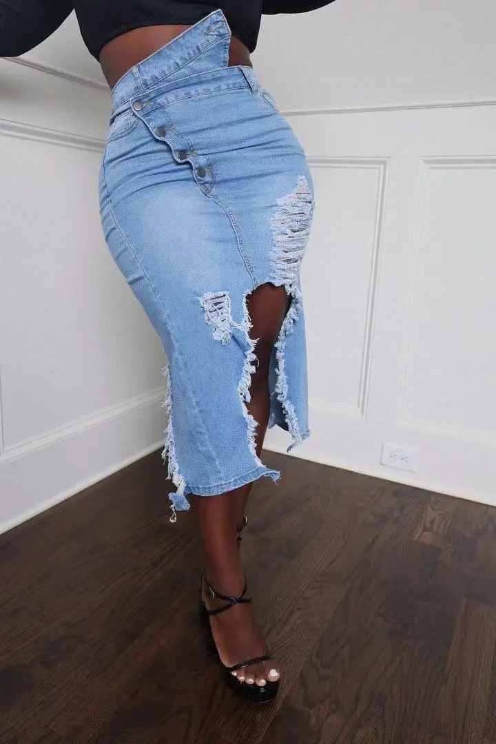 Fierce Fray Button-Up Slit Denim Skirt Castello Clothing Line