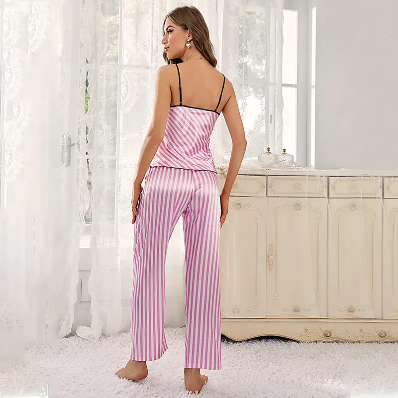 Serene Slumber Stripe Satin Cami and Pants Loungewear Set Castello Clothing Line