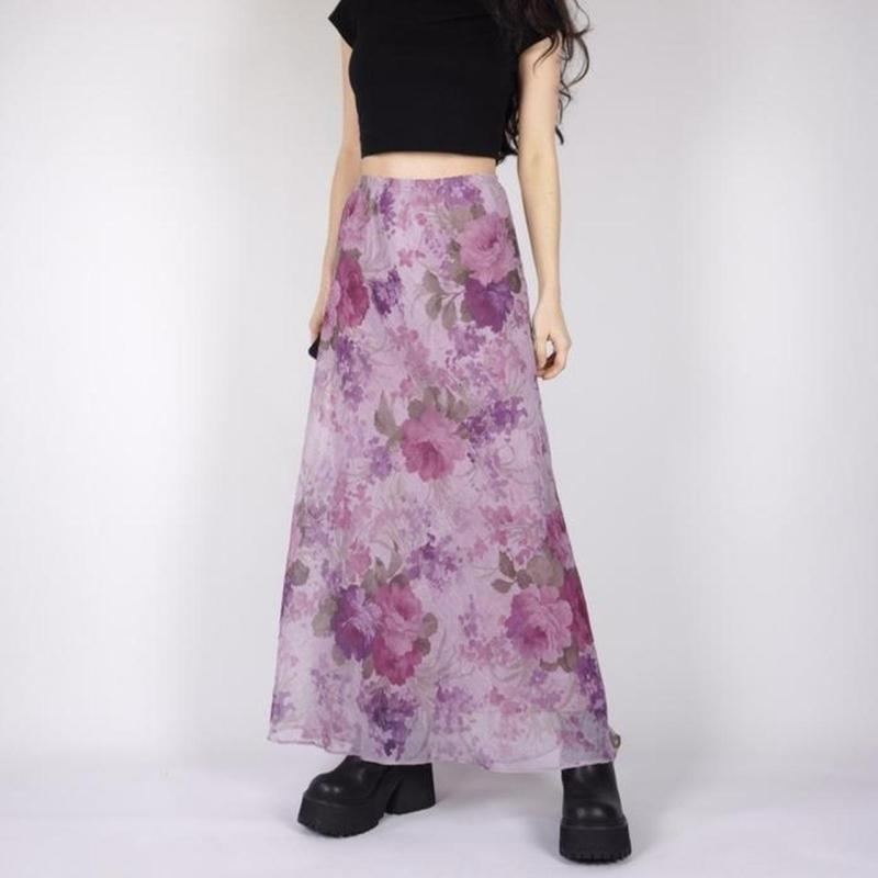 Floral Chiffon Maxi Skirt - Lightweight High Waist Mesh/Polyester Castello Clothing Line