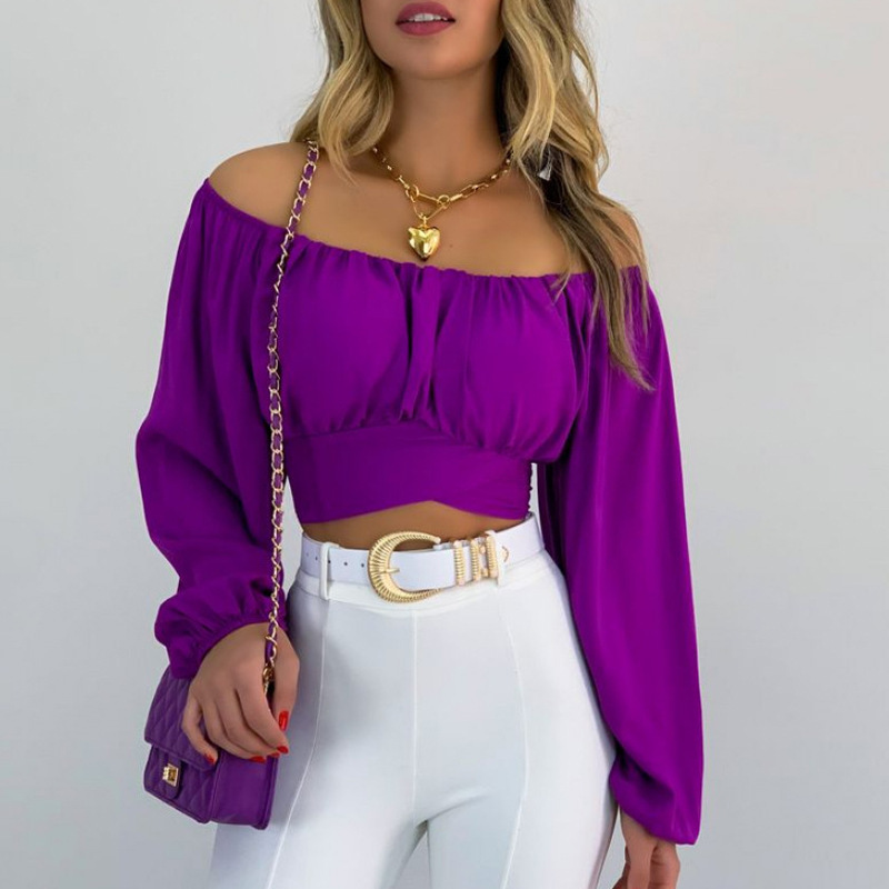 Sassy Nights Off-Shoulder Ruched Long Sleeve Crop Top Castello Clothing Line
