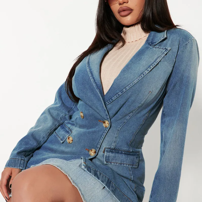 Prestige Double-Breasted Tailored Denim Blazer Jacket Castello Clothing Line