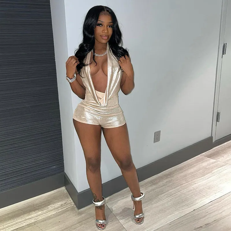 Glam Dive Plunge Halter Backless Romper Castello Clothing Line