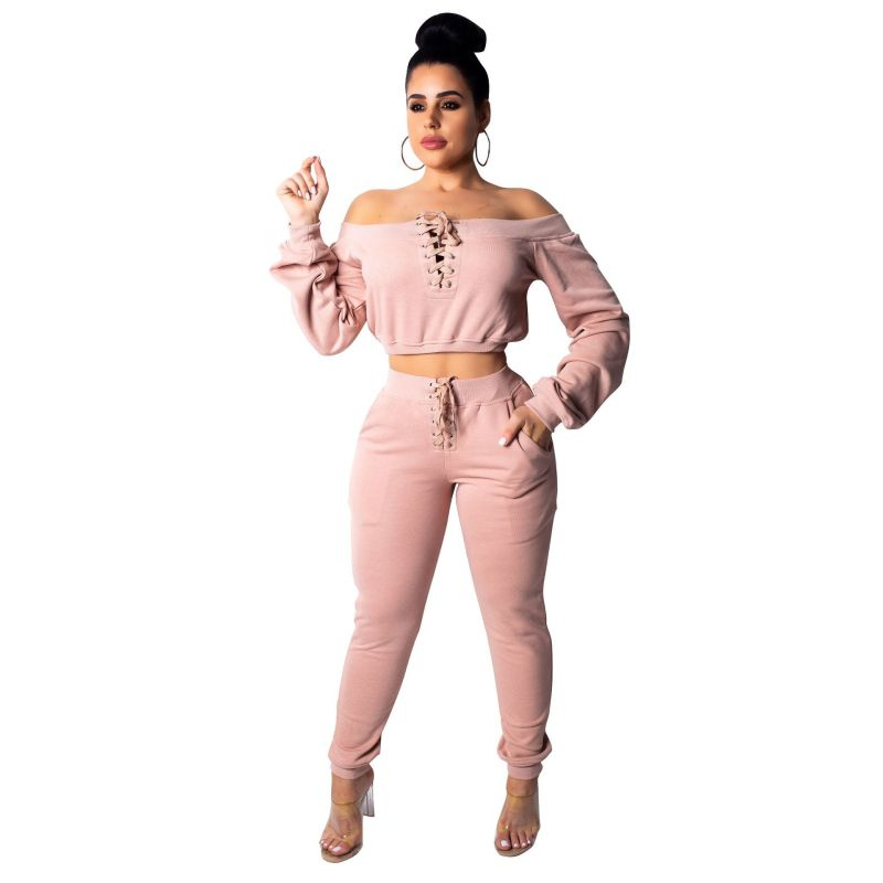 Flirt Lace-Up Off Shoulder Jogger Lounge Set Castello Clothing Line