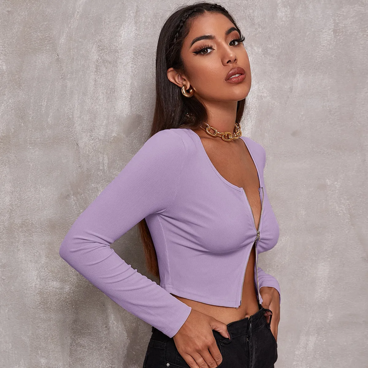 Quiver Zip Front Ribbed Cropped Long Sleeve Top Castello Clothing Line