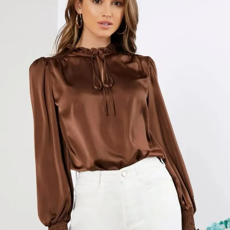 Charmette Ruffle Tie-Neck Long Sleeve Blouse Castello Clothing Line
