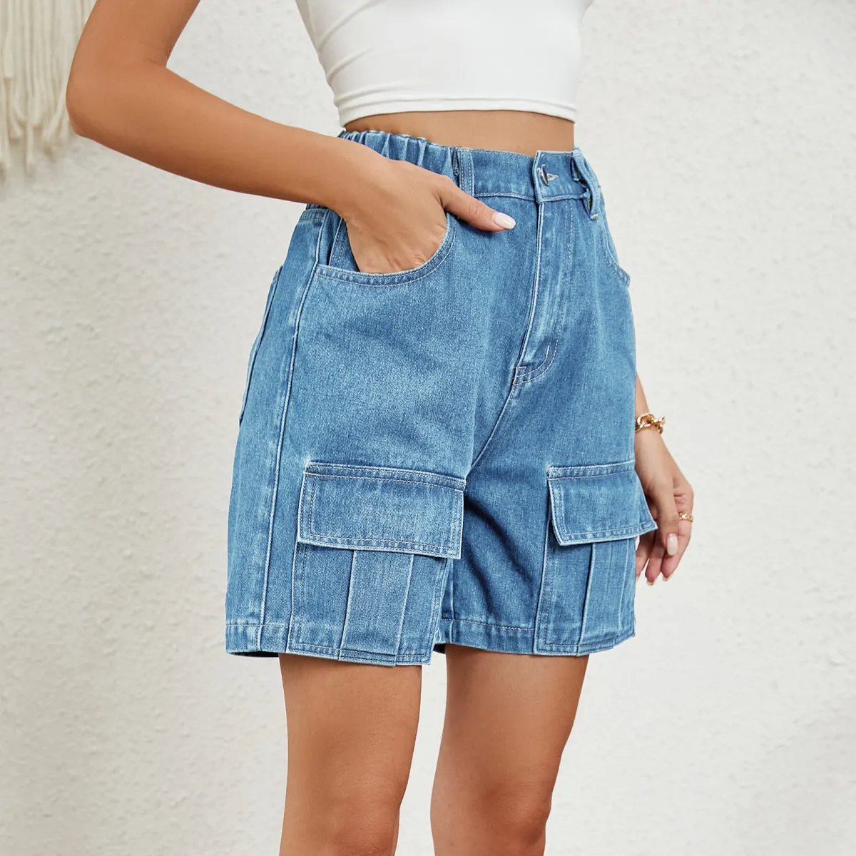 Stride High-Waist Denim Cargo Shorts Castello Clothing Line