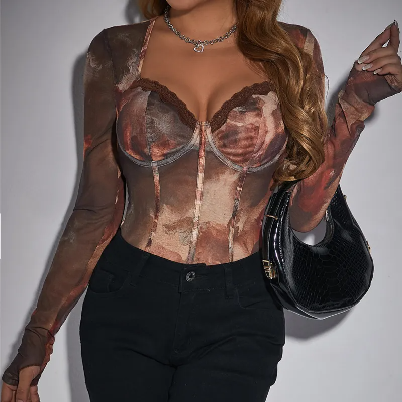 Muse Appeal Long Sleeve Sheer Corset Bodysuit Castello Clothing Line