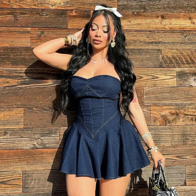 Imani Strapless Corset Flared Denim Mini Dress Castello Clothing Line