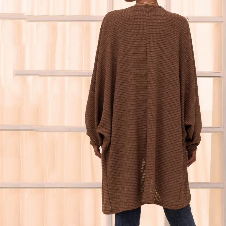 Unwind Open Front Waffle Knit Long Sleeve Cardigan Castello Clothing Line