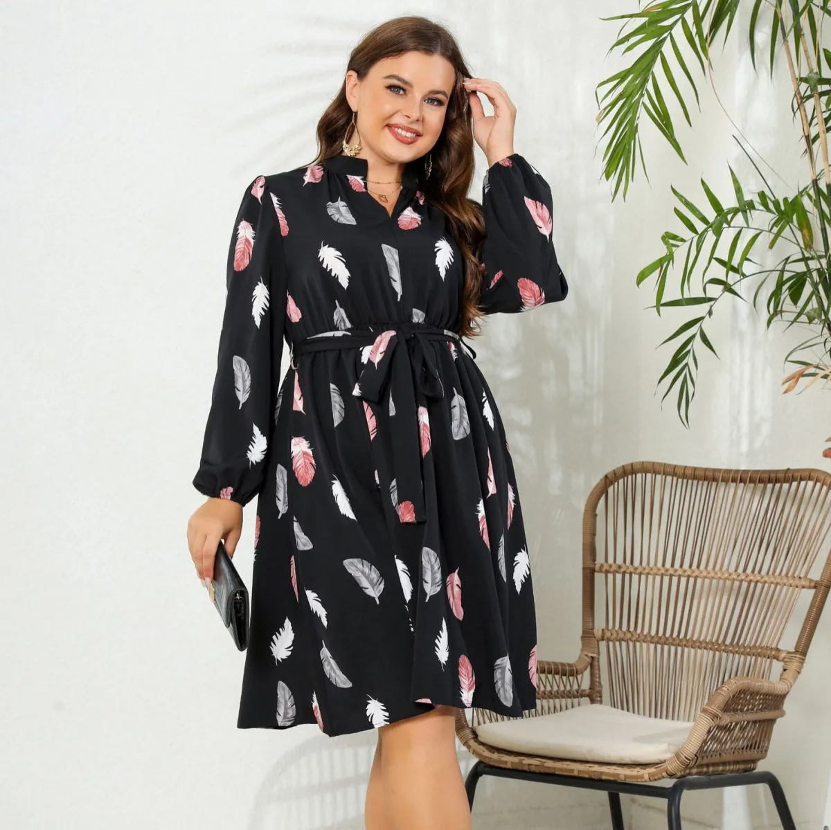 Tara Plus Feather-Print Belted Long-Sleeve Midi Dress mini dress Castello Clothing Line