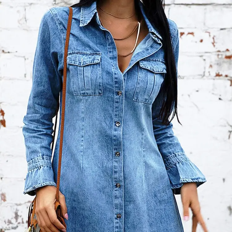 Long Sleeve Ruffle Denim Shirt Dress Castello Clothing Line