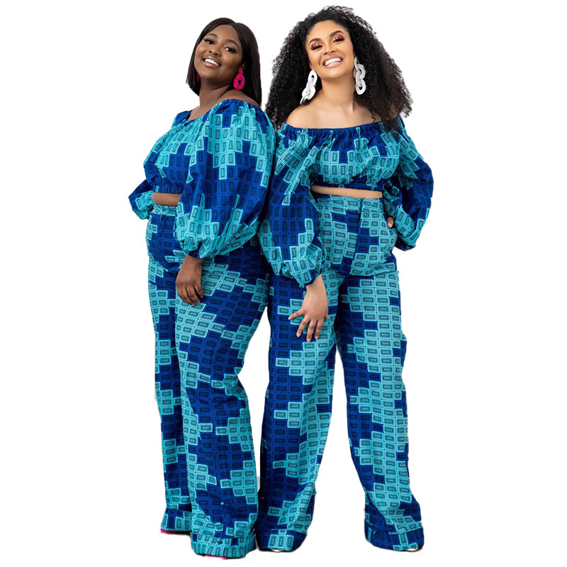Plus Size Off Shoulder 2-Piece Pants Set with Long Puff Sleeves and High Waisted Pants Castello Clothing Line