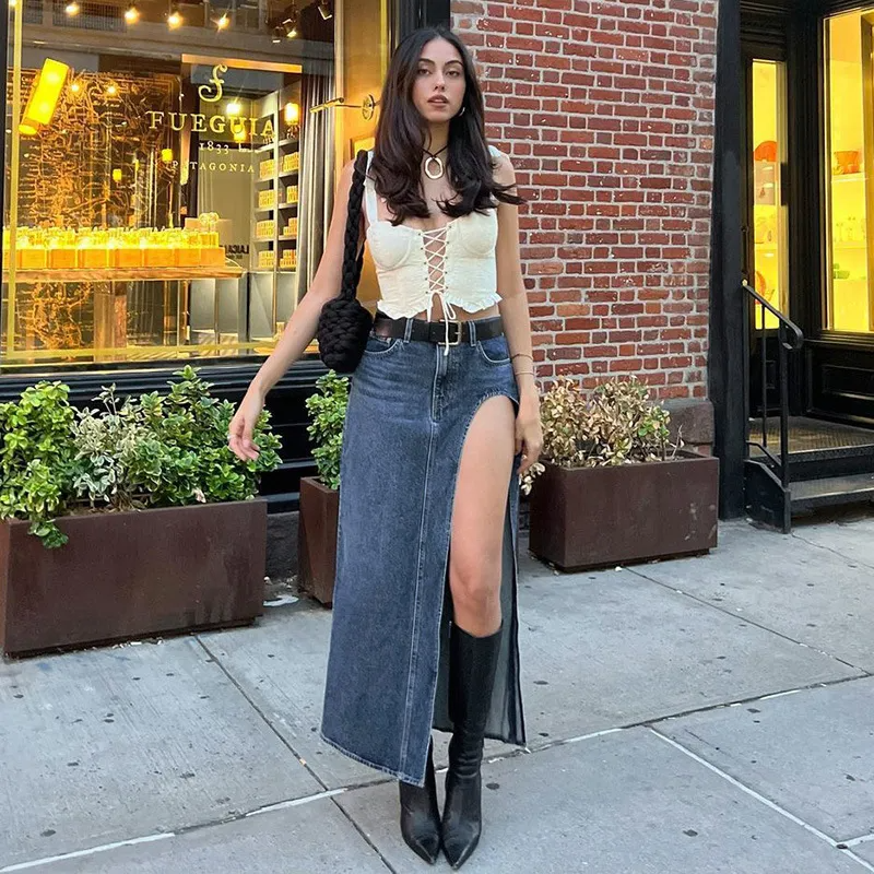 Street Chic High Slit Denim Skirt Castello Clothing Line