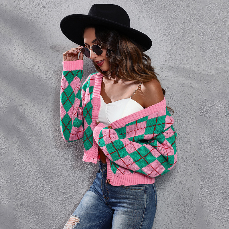 Argyle Vibes Button-Up Long Sleeve Knit Cardigan Castello Clothing Line