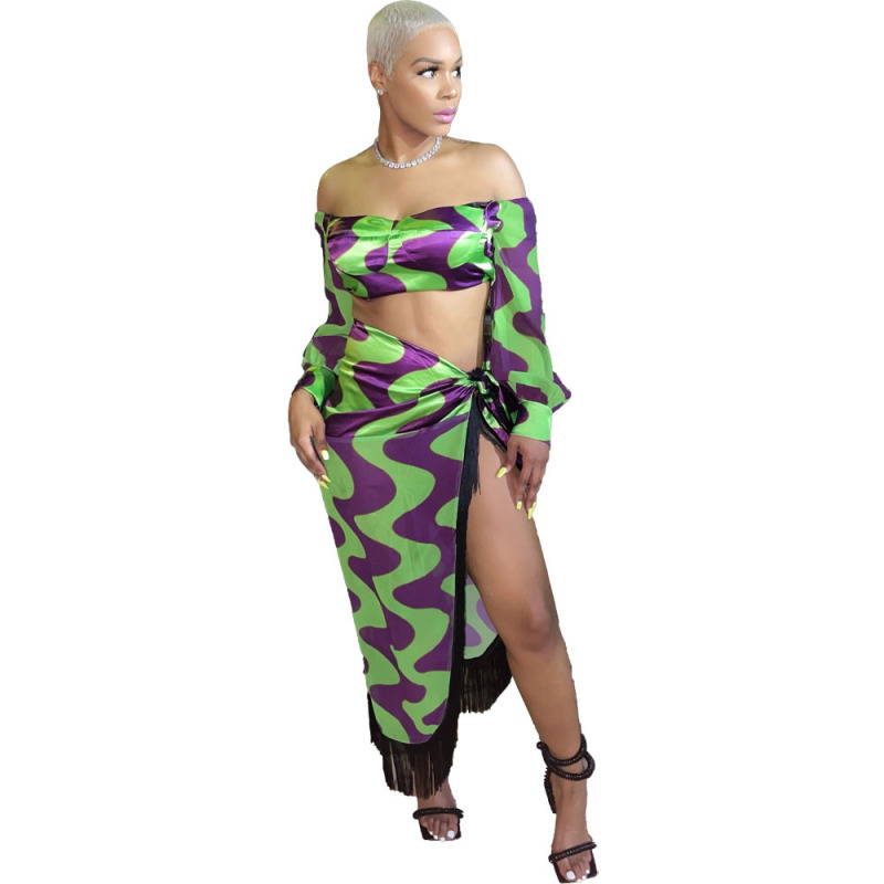 Off Shoulder Long Sleeve Crop Top with Tassel Wrap Skirt Set Castello Clothing Line