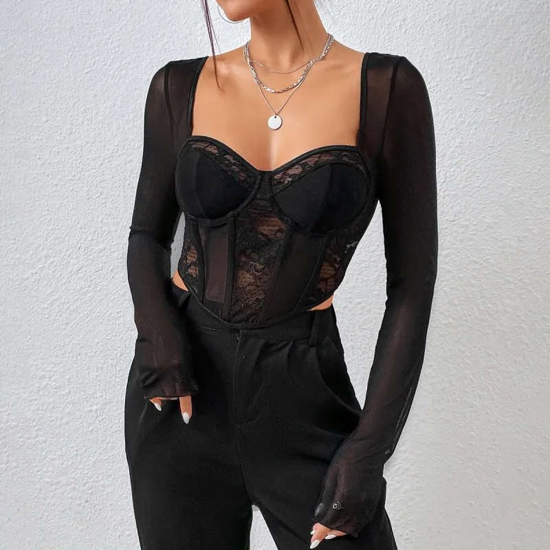 Dare to Flaunt Lace Bustier Mesh Top Castello Clothing Line