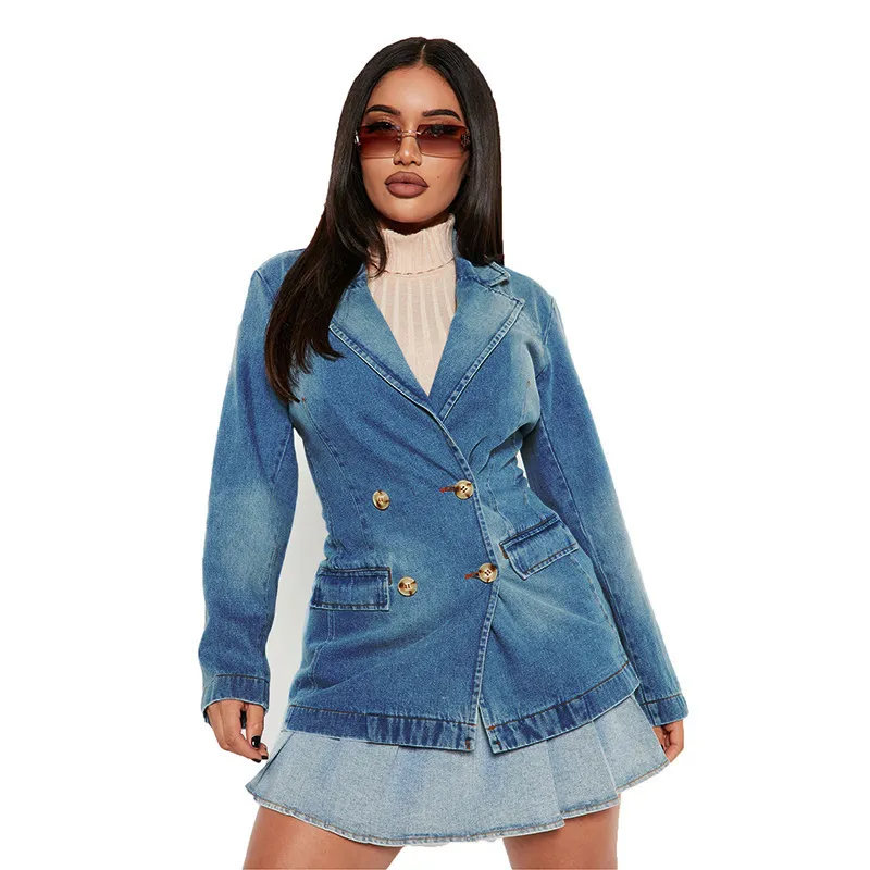 Prestige Double-Breasted Tailored Denim Blazer Jacket Castello Clothing Line
