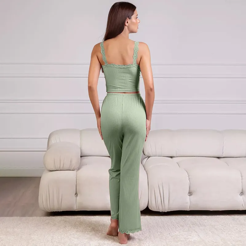 Luxe Harmony Ribbed Lace Trim Matching Lounge Set Castello Clothing Line