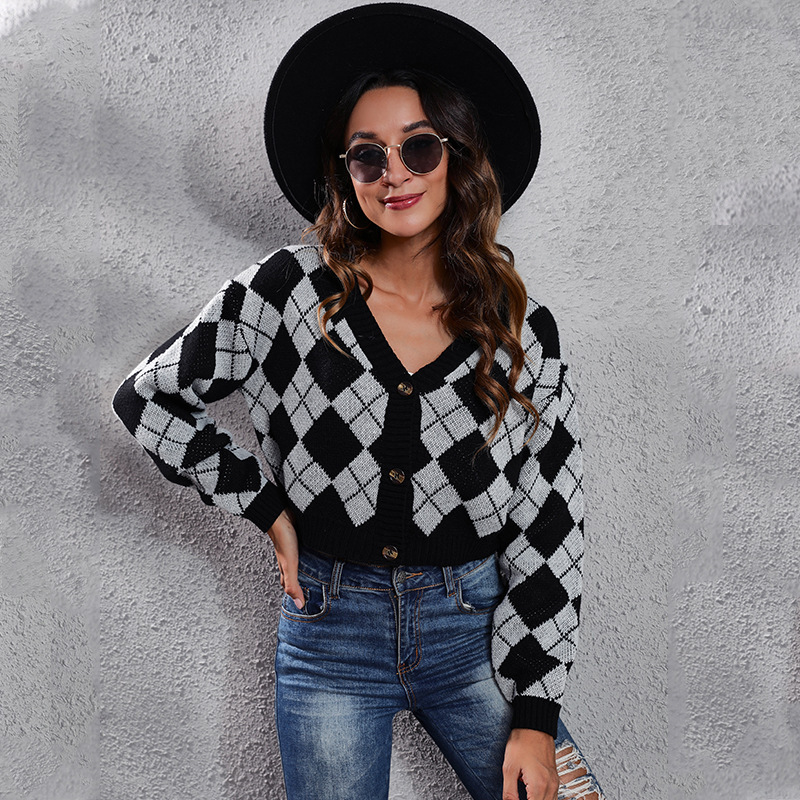 Argyle Vibes Button-Up Long Sleeve Knit Cardigan Castello Clothing Line