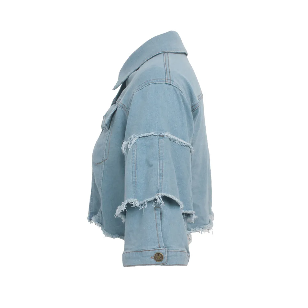Vandal Ruffle Sleeve Frayed Hem Cropped Denim Jacket Castello Clothing Line