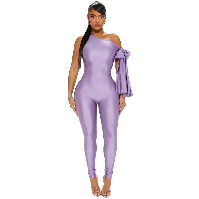Tova One-Shoulder Tie Sleeve Bodycon Jumpsuit women jumpsuits Castello Clothing Line