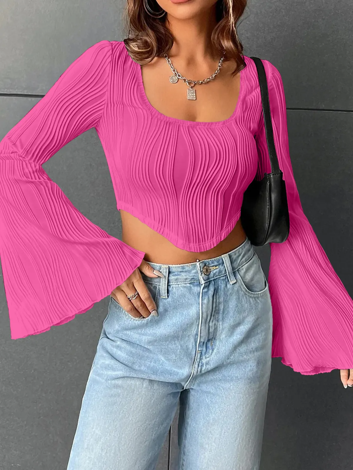 Flaunt It Textured Bell Sleeve Crop Top Castello Clothing Line