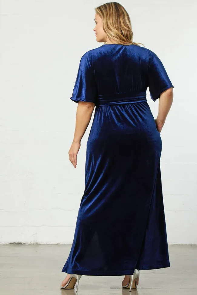 Gemina Velvet Wrap Flutter Sleeve Pocket Maxi Dress maxi dress Castello Clothing Line