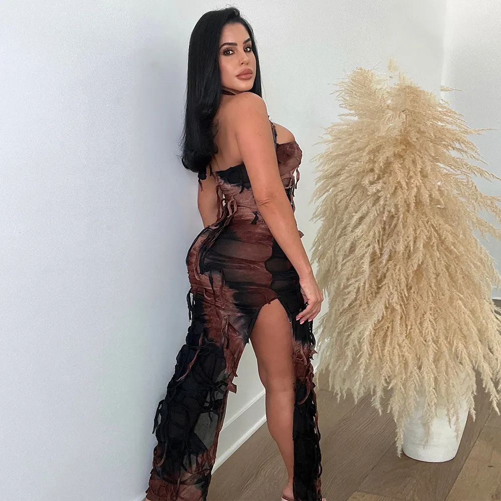 Lysandra Halter Distressed Mesh Bodycon Maxi Dress maxi dress Castello Clothing Line