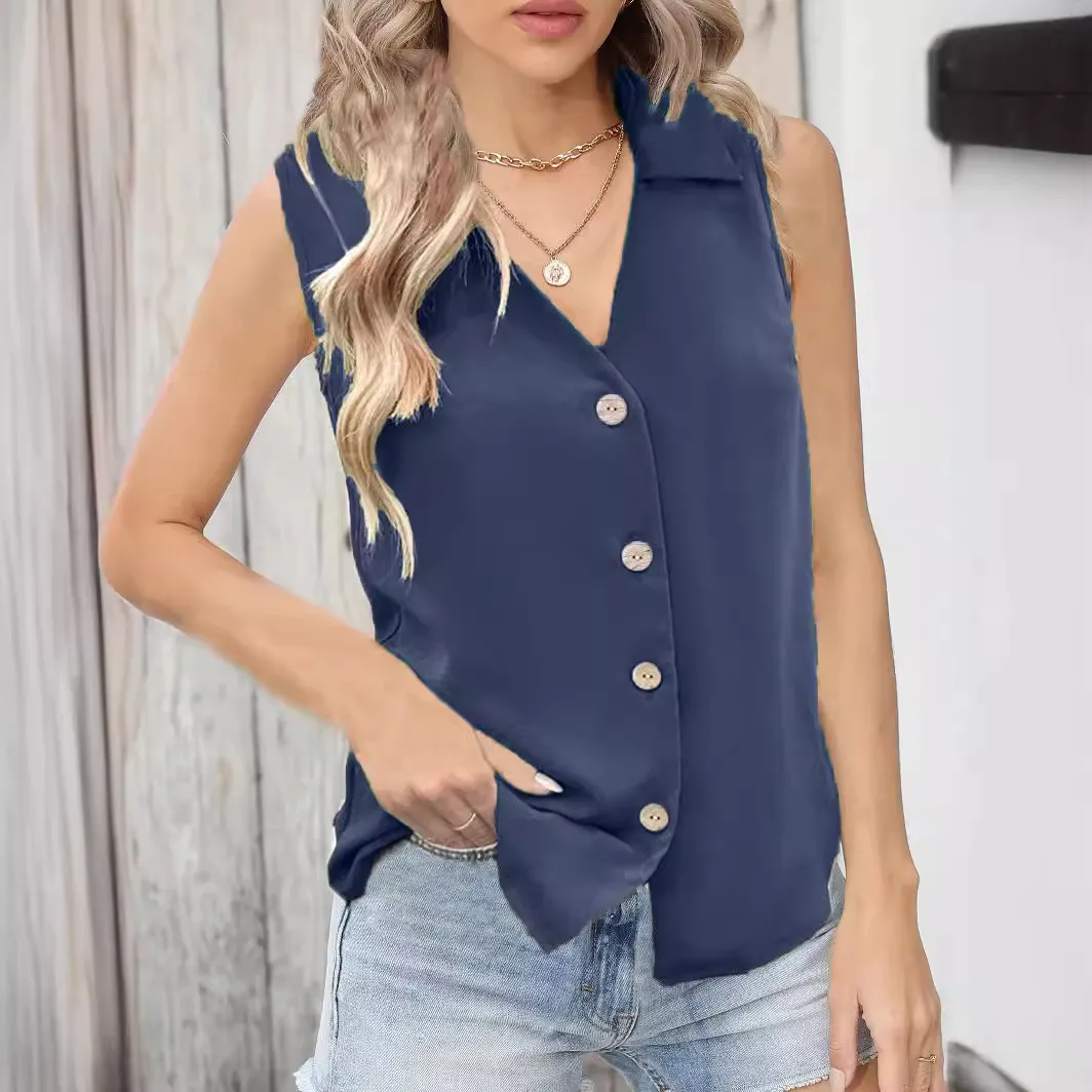 Easy Appeal Sleeveless Button-Up Collared Top Castello Clothing Line
