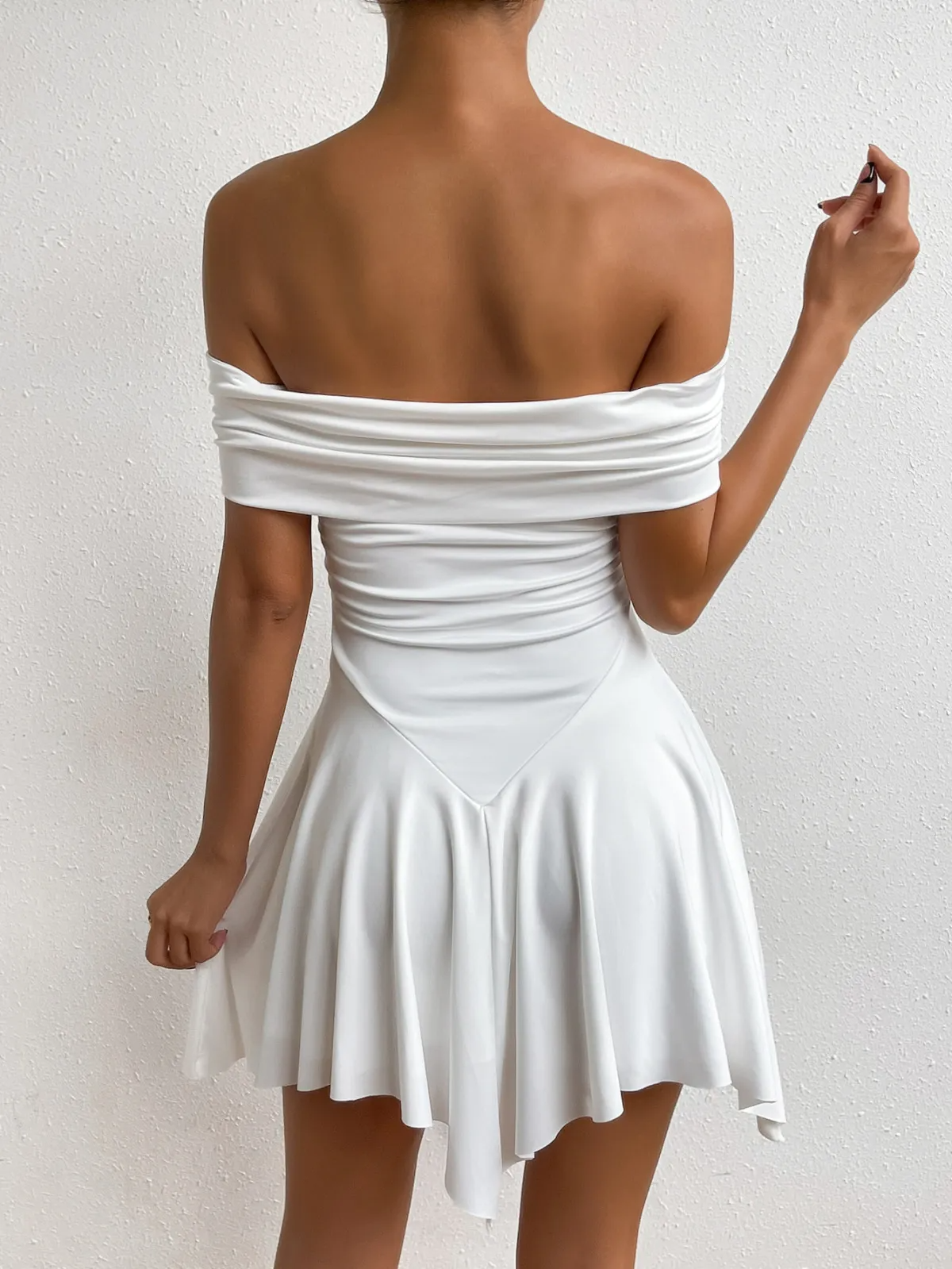 Calista Off-Shoulder Ruched Fit & Flare Mini Dress Castello Clothing Line