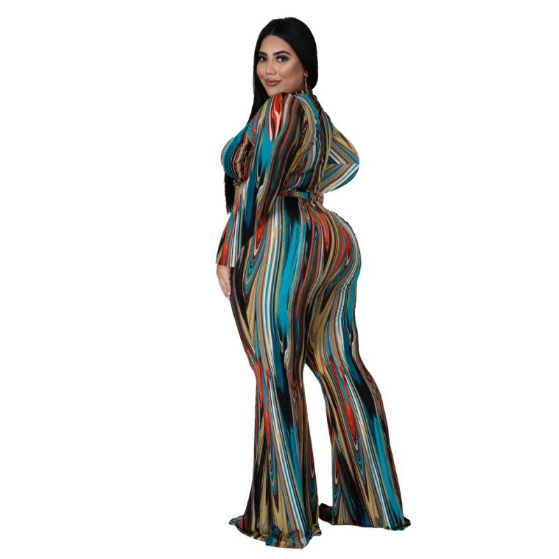 Plus Size Abstract Long Sleeve Top & Pants Set - Flare Pants, Crew Neck - Polyester/Milk Fiber/Spandex Blend Castello Clothing Line