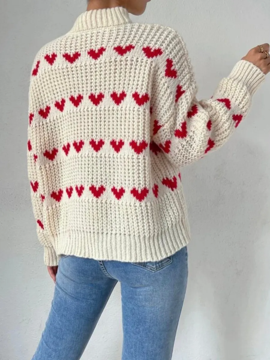 LoveLine Chunky Knit Mock Neck Heart Print Sweater Castello Clothing Line