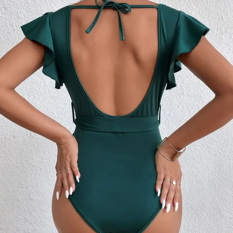 Flutter Charm Short Ruffle Sleeve Backless Bodysuit Castello Clothing Line