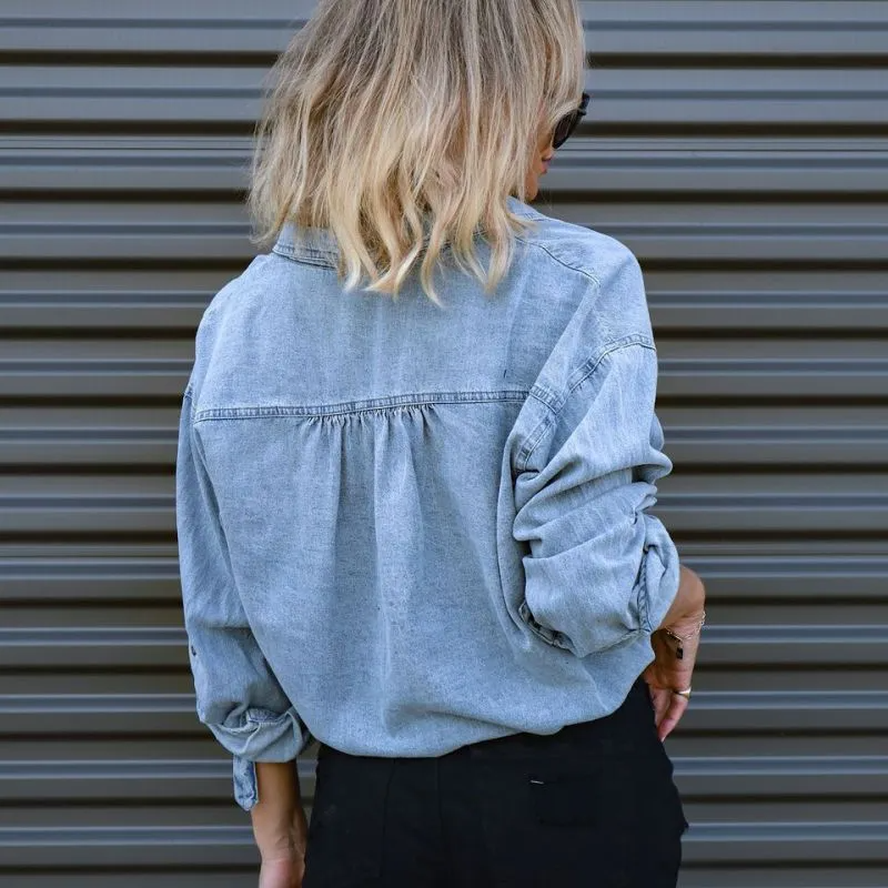 Casual Tease Button-Up Long Sleeve Denim Crop Top Castello Clothing Line