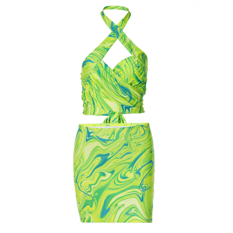 Halter Wrap Top & Short Skirt Set - Sleeveless, Deep V-Neck, Slim Fit - Spandex/Milk Fiber/Polyester Castello Clothing Line