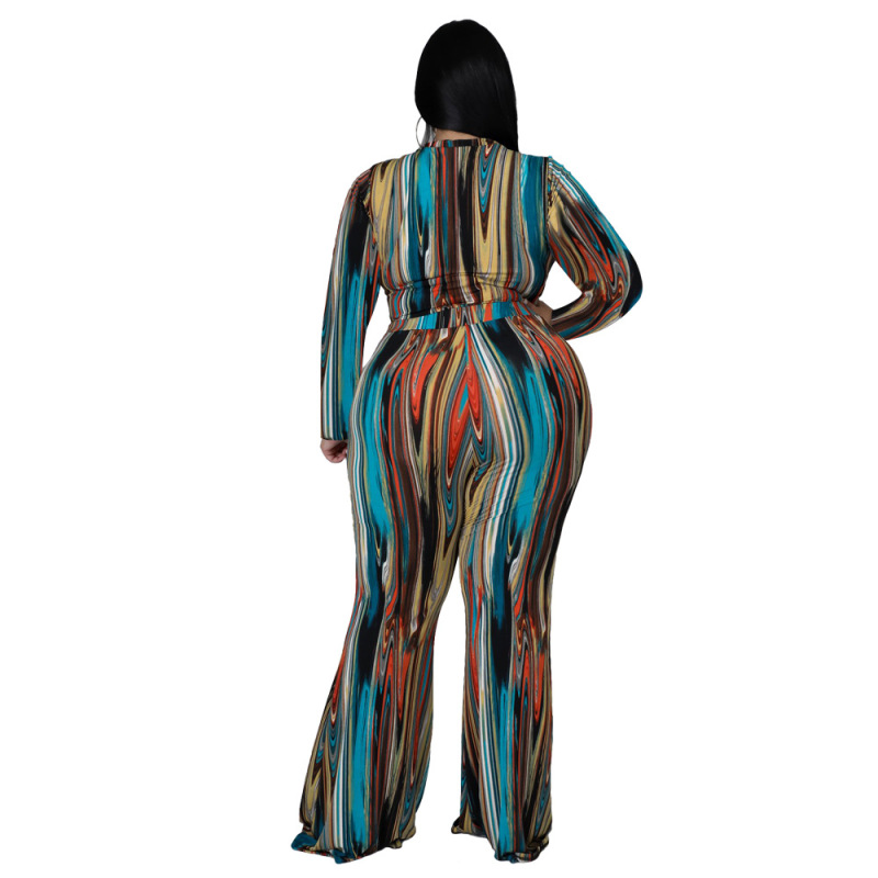 Plus Size Abstract Long Sleeve Top & Pants Set - Flare Pants, Crew Neck - Polyester/Milk Fiber/Spandex Blend Castello Clothing Line