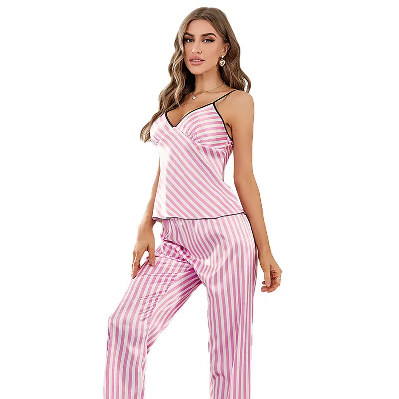 Serene Slumber Stripe Satin Cami and Pants Loungewear Set Castello Clothing Line