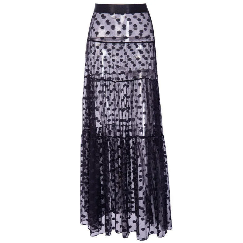 Bohemian Sheer Polka Dot Maxi Skirt - Flowing Tiered Design, Cotton/Polyester Material, Summer Fashion Castello Clothing Line
