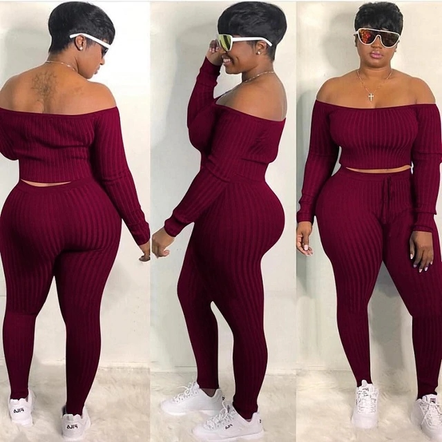 Plus Size Off Shoulder Pants Set - Long Sleeves, Slim Fit, Drawstring Waist - Cotton/Fiber Blend Castello Clothing Line