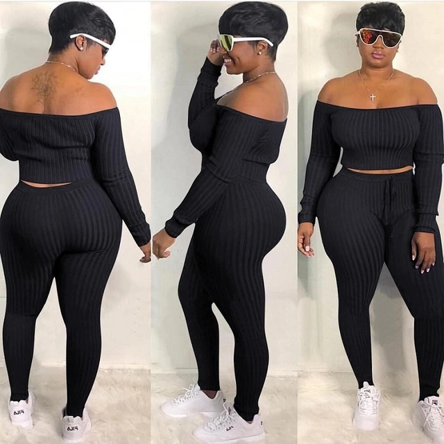 Plus Size Off Shoulder Pants Set - Long Sleeves, Slim Fit, Drawstring Waist - Cotton/Fiber Blend Castello Clothing Line