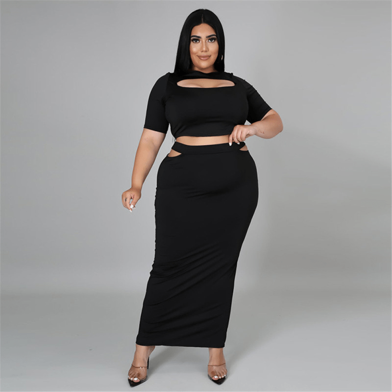 Plus Size Cut Out Top & Long Skirt Two Piece Set - Stylish and Flattering Plus Size Outfit Castello Clothing Line